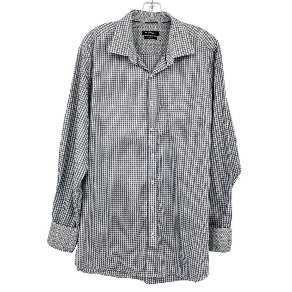 Bugatchi Button Down Mens XL Blue White Micro Check Classic Fit Long Sleeve